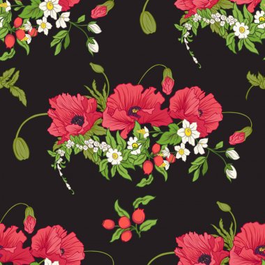 Haşhaş çiçekleri, nergis, anemon, violet ile Seamless Modeli