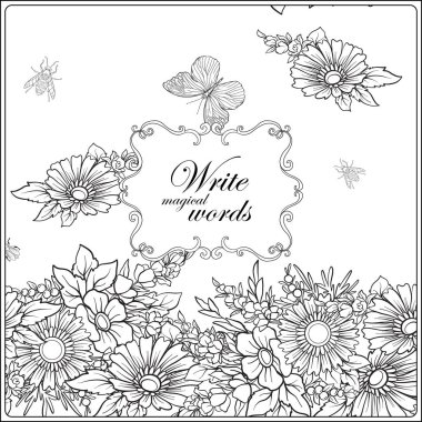 Kelebekler ve arılar ile çiçek desenli