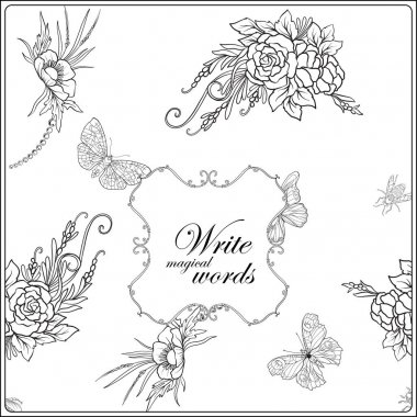 Kelebekler ve arılar ile çiçek desenli