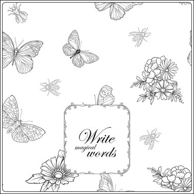 Kelebekler ve arılar ile çiçek desenli