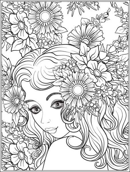 สาวสวยที่มีดอกไม้บนหัวของเธอ . — ภาพเวกเตอร์สต็อก