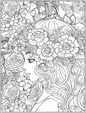 Bir çelenk çiçek başında güzel bir genç kızla.