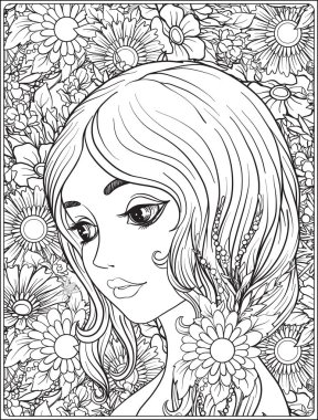 Bir çelenk çiçek başında güzel bir genç kızla.