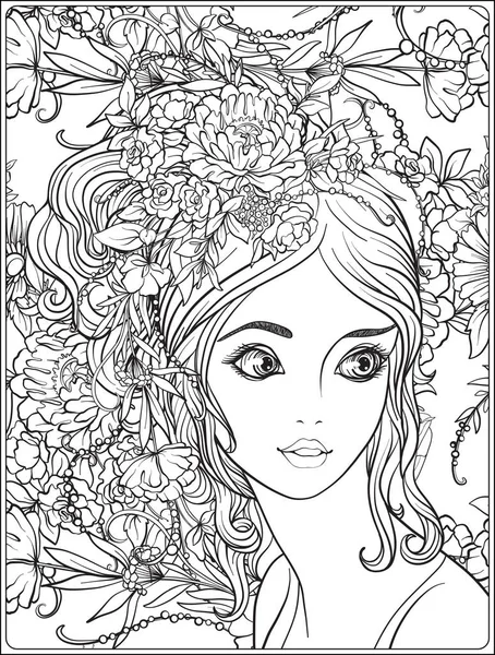 彼女の頭の上に花の花輪を持つ美しい少女. — ストックベクタ