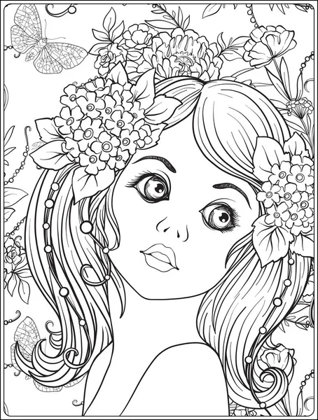 Une jeune belle fille avec une couronne de fleurs sur la tête . — Image vectorielle
