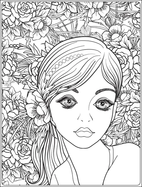 A young beautiful girl with a wreath of flowers on her head. — Stock Vector