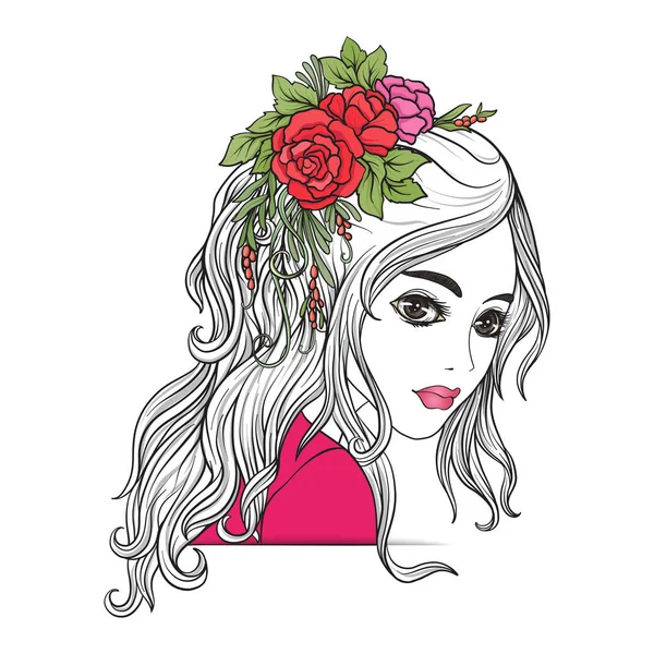 Una joven hermosa chica con una corona de flores en la cabeza . — Vector de stock