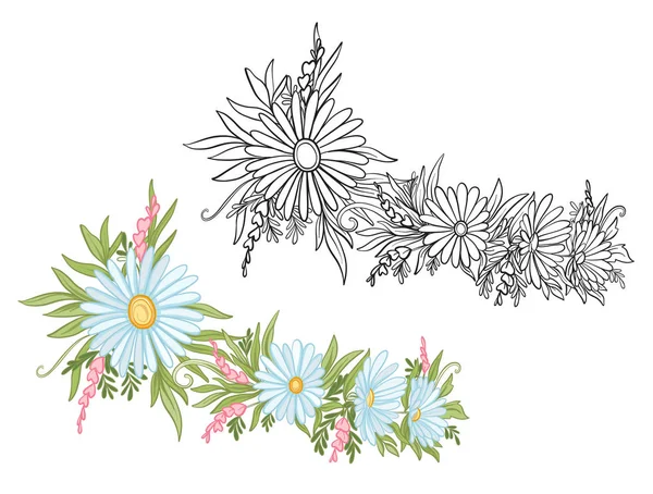 Conjunto de ramo de flores de color y contorno — Vector de stock