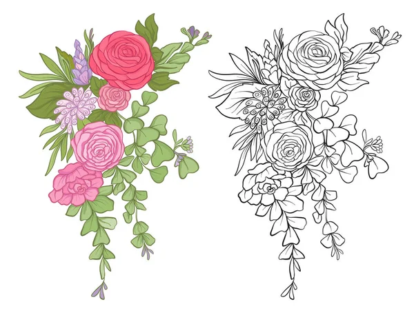 Σετ χρώμα και περίγραμμα μπουκέτο λουλούδια — Διανυσματικό Αρχείο