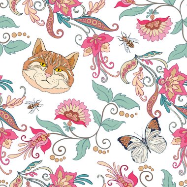 Dikişsiz desen, vintage tarzı çiçek ve kedi arka plan