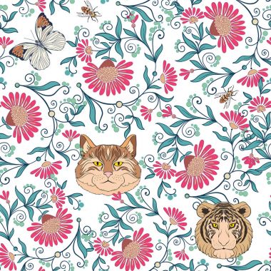 Dikişsiz desen, vintage tarzı çiçek ve kedi arka plan