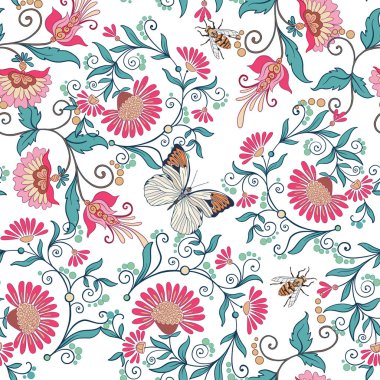 Dikişsiz desen, vintage tarzı çiçek ve kedi arka plan