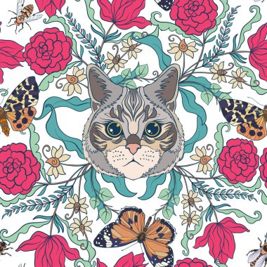 Dikişsiz desen, vintage tarzı çiçek ve kedi arka plan