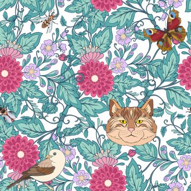 Dikişsiz desen, vintage tarzı çiçek ve kedi arka plan