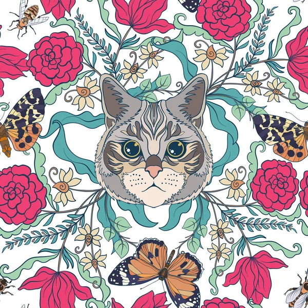 Dikişsiz desen, vintage tarzı çiçek ve kedi arka plan