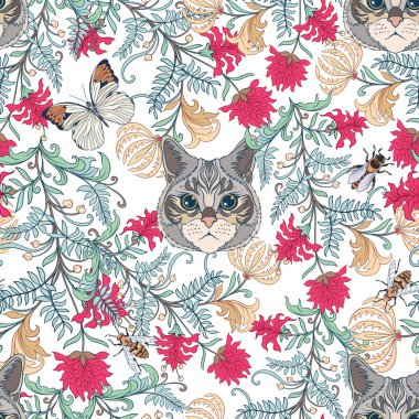 Dikişsiz desen, vintage tarzı çiçek ve kedi arka plan