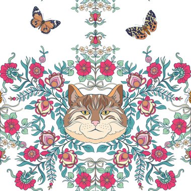 Dikişsiz desen, vintage tarzı çiçek ve kedi arka plan