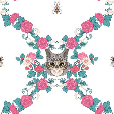 Dikişsiz desen, vintage tarzı çiçek ve kedi arka plan