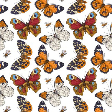 Kelebekler ve arılar. Renkli seamless modeli, arka plan.