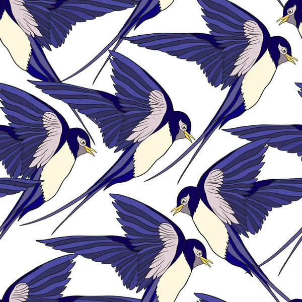 Vlaštovka, ptáci. Barevný vzor bezešvé, pozadí. — Stockový vektor