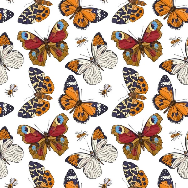 Kelebekler ve arılar. Renkli seamless modeli, arka plan.