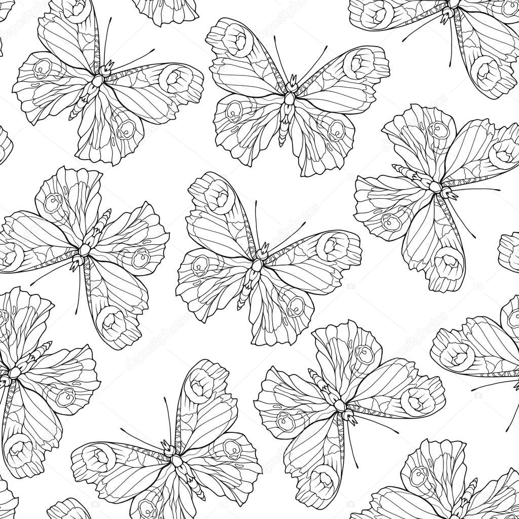 Butterflies. Seamless pattern, background. Outline hand drawing