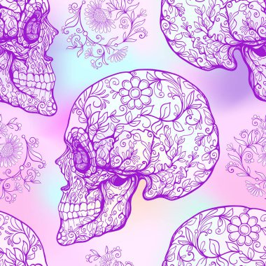 Dikişsiz desen, şeker kafatası ve çiçek pıtırtı arka plan