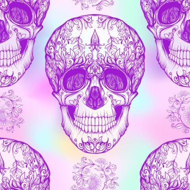 Dikişsiz desen, şeker kafatası ve çiçek pıtırtı arka plan