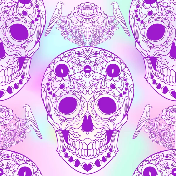 Dikişsiz desen, şeker kafatası ve çiçek pıtırtı arka plan