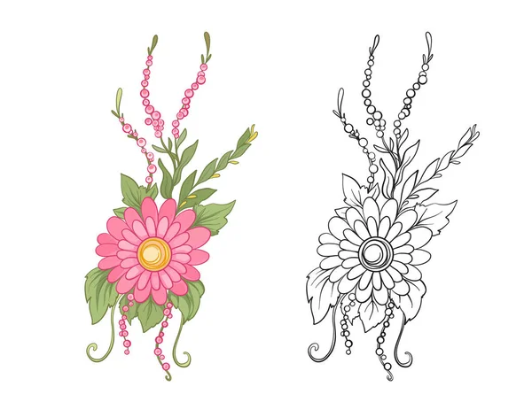 Set von farbigen und umrissenen Blumenstrauß — Stockvektor