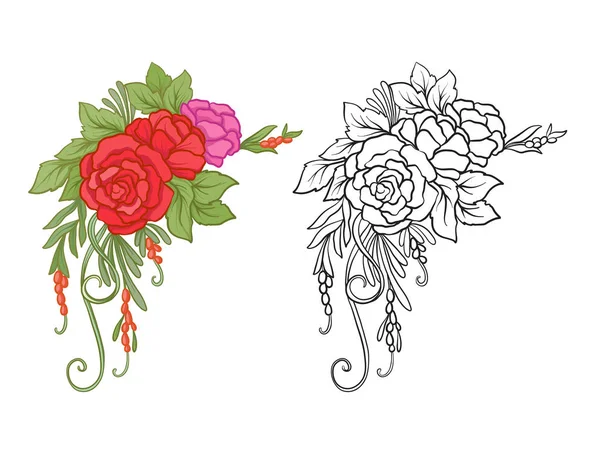 Conjunto de colorido e esboço buquê de flores — Vetor de Stock