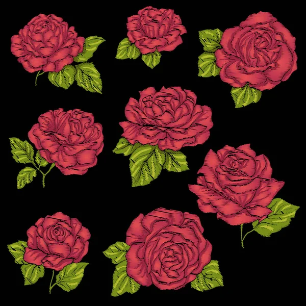 Set embroidery red rose with green leaves on black background. S — Stock Vector