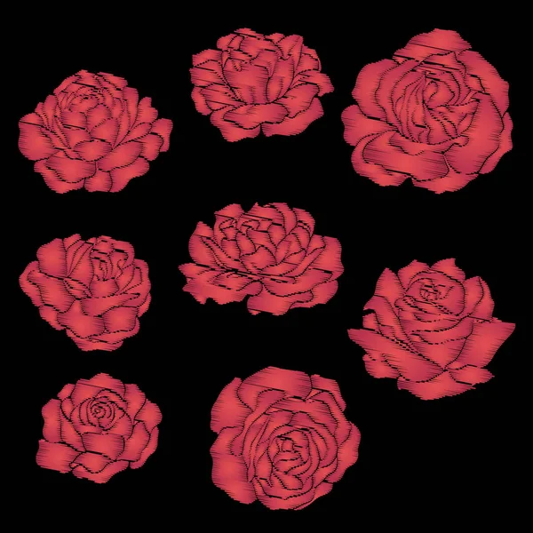 Set embroidery red rose on black background. Stock line vector i — Stock Vector