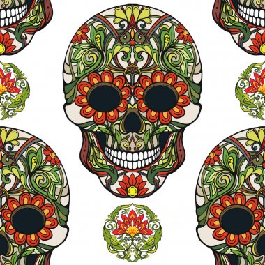 Dikişsiz desen, şeker kafatası ve çiçek pıtırtı arka plan