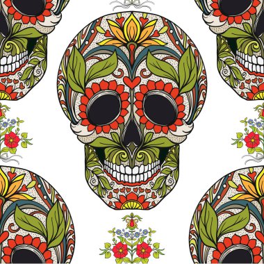 Dikişsiz desen, şeker kafatası ve çiçek pıtırtı arka plan