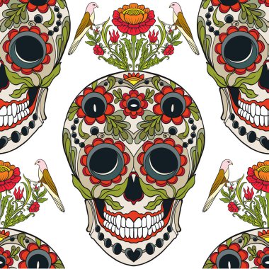 Dikişsiz desen, şeker kafatası ve çiçek pıtırtı arka plan