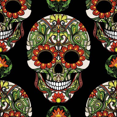 Dikişsiz desen, şeker kafatası ve çiçek pıtırtı arka plan