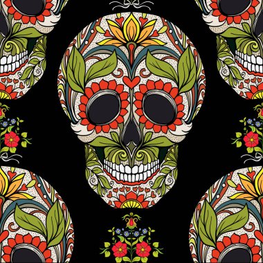 Dikişsiz desen, şeker kafatası ve çiçek pıtırtı arka plan