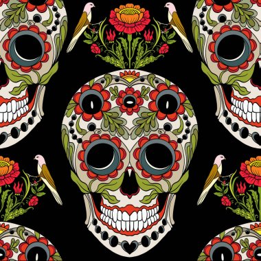 Dikişsiz desen, şeker kafatası ve çiçek pıtırtı arka plan