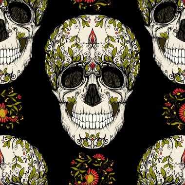 Dikişsiz desen, şeker kafatası ve çiçek pıtırtı arka plan