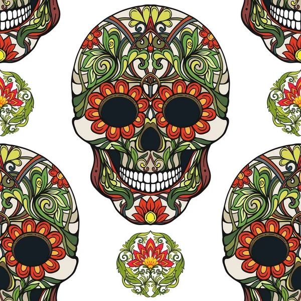 Dikişsiz desen, şeker kafatası ve çiçek pıtırtı arka plan