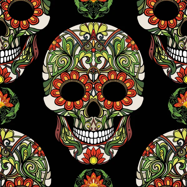Seamless pattern, background with sugar  skull and floral patter — Stock Vector