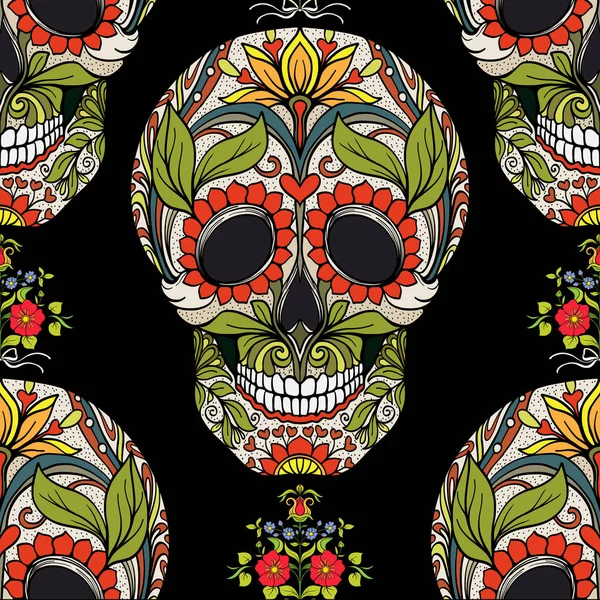 Naadloze patroon, achtergrond met suiker schedel en florale geklets — Stockvector