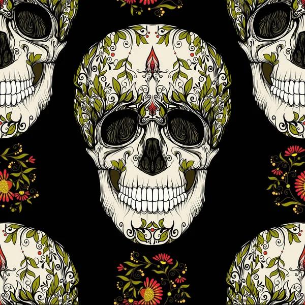 Dikişsiz desen, şeker kafatası ve çiçek pıtırtı arka plan