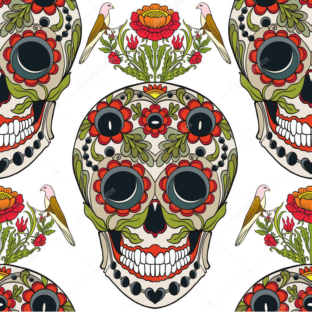 Seamless pattern, background with sugar  skull and floral patter