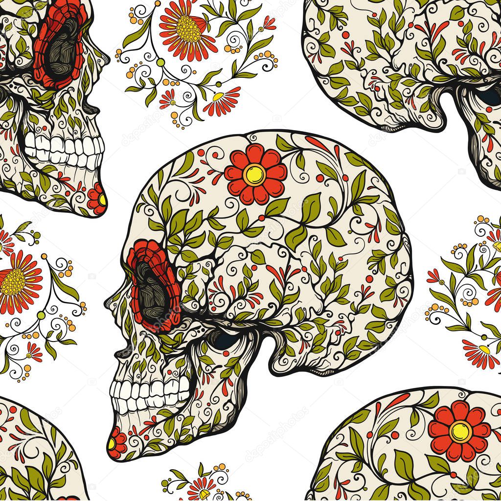 Seamless pattern, background with sugar  skull and floral patter