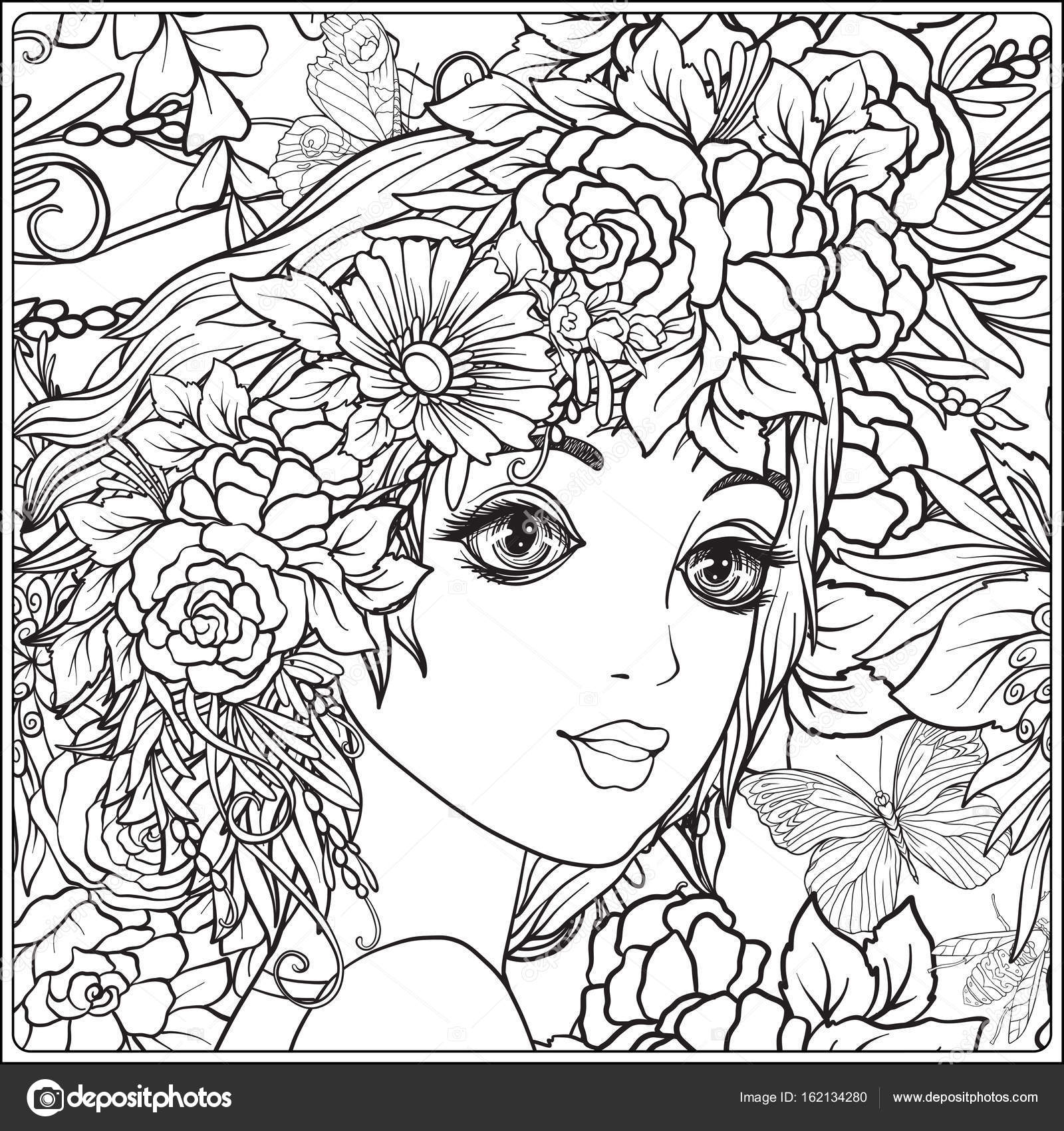 Giovane bella ragazza con una corona di fiori sulla sua testa Sullo sfondo di un reticolo di fiore Delineare il disegno da colorare per adulti da colorare