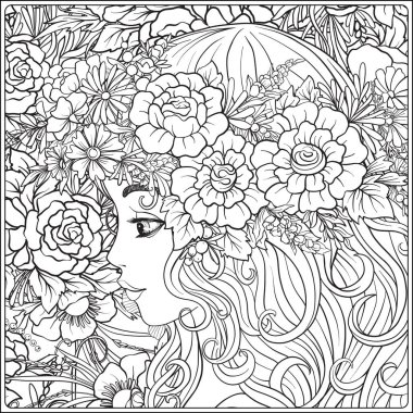 Bir çelenk çiçek başında güzel bir genç kızla.