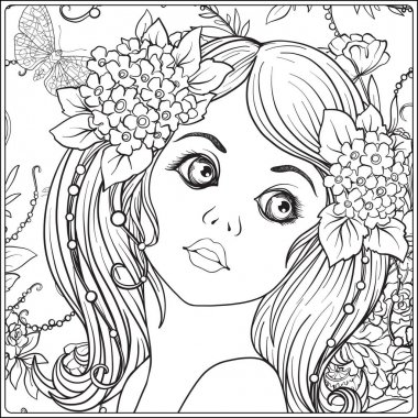 Bir çelenk çiçek başında güzel bir genç kızla.