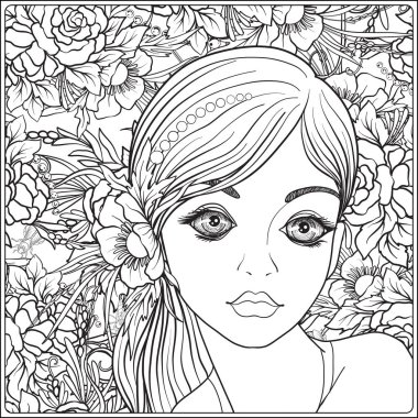 Bir çelenk çiçek başında güzel bir genç kızla.